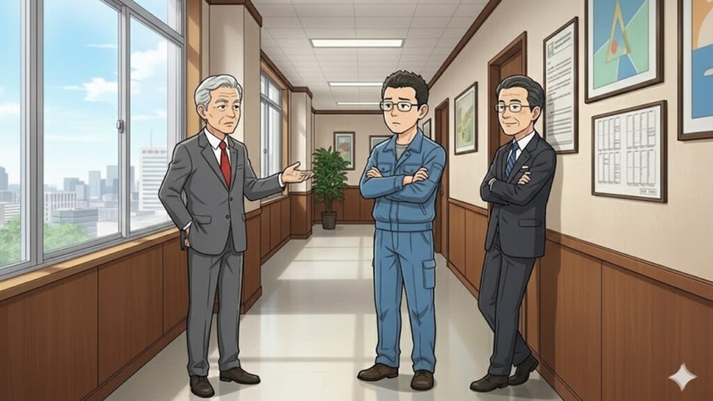 第3話：消えた約束。廊下で上司である山田社長と森田相談役から、ヒアリング中止という名の責任回避を告げられるシーン。組織のゆがみを正すための『事実』を奪われ、孤立無援の対立状態に陥るゆういち。汚れ仕事の丸投げを予感させる、重苦しい廊下でのやり取り。