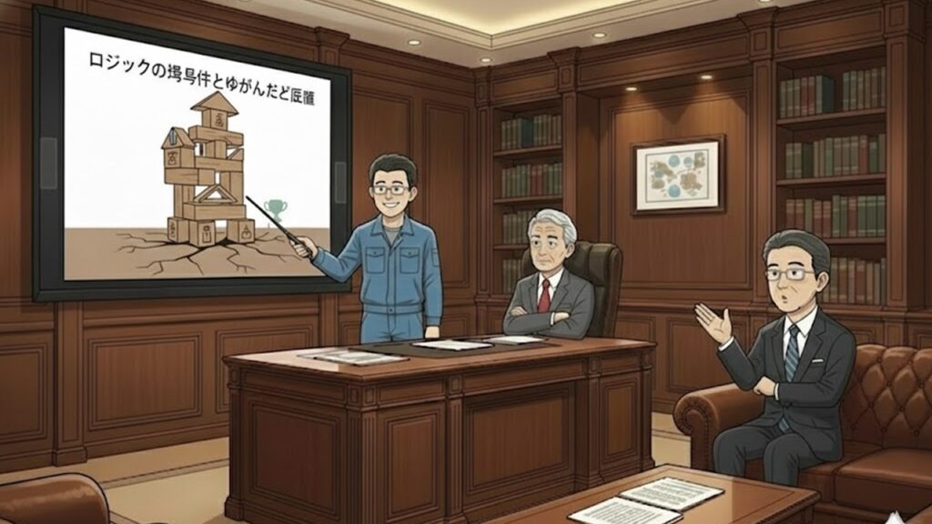 第5話：ロジックの歯車。作業着のゆういちが大型モニターを使い、上司である山田社長へ組織のゆがみを指摘するプレゼンを行う。責任の所在を明確にすることで生まれる対立や、後の丸投げを予感させる、緻密な改革案の解説シーン。