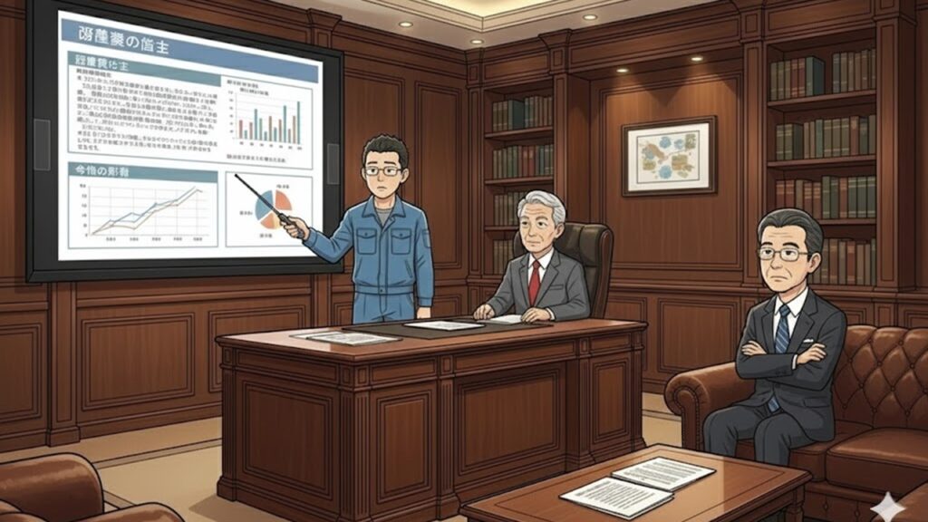 第4話：外されたハシゴ。現場の声を封じられたゆういちが、大型モニターを使い上司である山田社長と森田相談役に組織のゆがみを指摘するプレゼン。管理職の責任を数値化し、甘えを許さないロジックで対立する経営陣を沈黙させる、丸投げを許さない改革の幕開け。