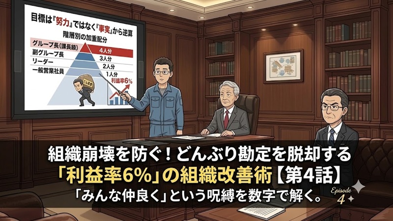 経営会議で利益率6%の目標を提示し、どんぶり勘定の組織改善を説く社員と耳を傾ける経営陣