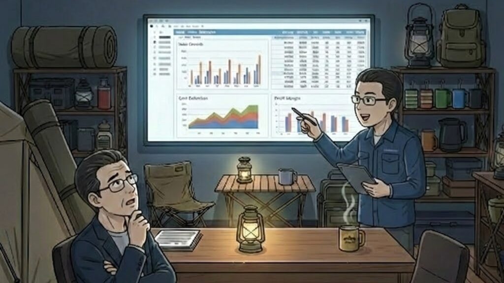 暗い会議室で、自作のPythonアプリによる営業データダッシュボードを副社長に説明するゆういちの様子。