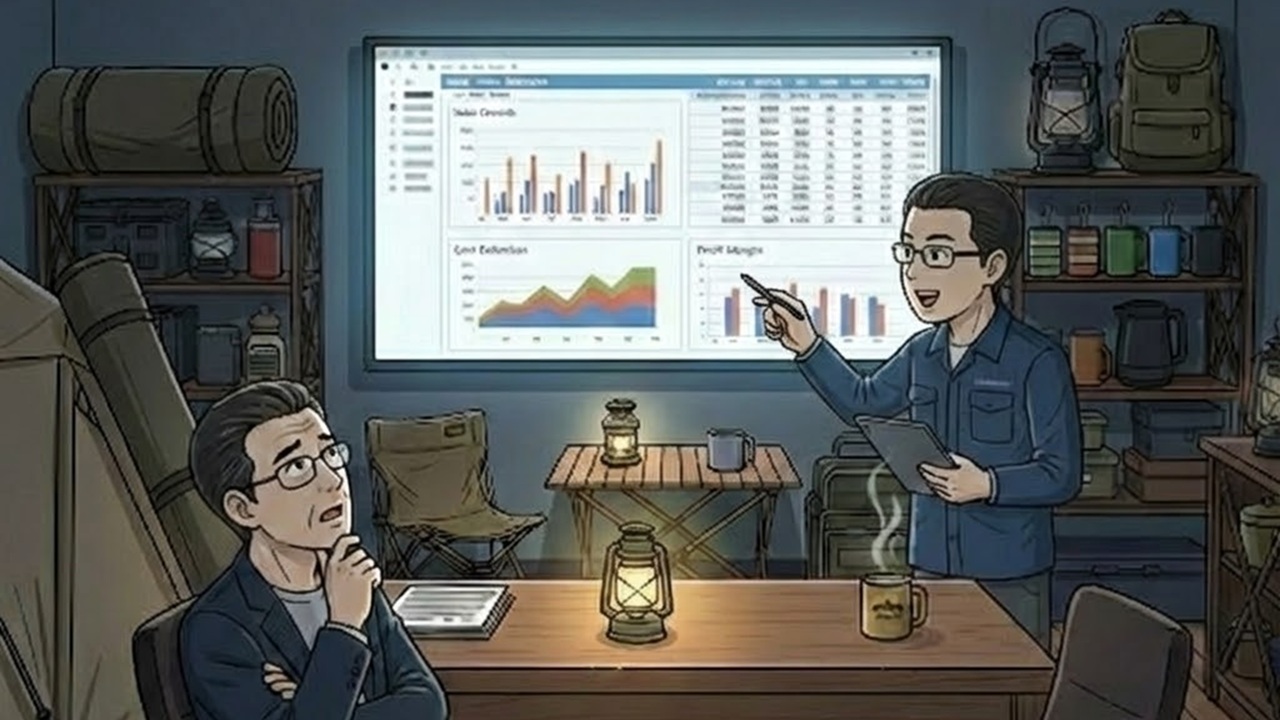 暗い会議室で、自作のPythonアプリによる営業データダッシュボードを副社長に説明するゆういちの様子。