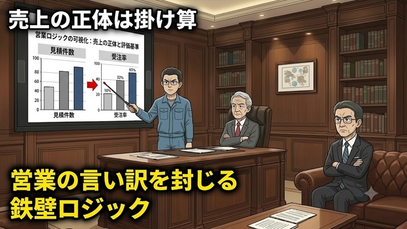 経営会議で営業活動を見積件数と受注率の掛け算で評価するロジックを提示し、社長と相談役から真剣な眼差しを向けられる社員の姿