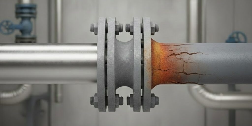 ステンレス管と炭素鋼鋼管を直結した際の電位差による腐食の概念図