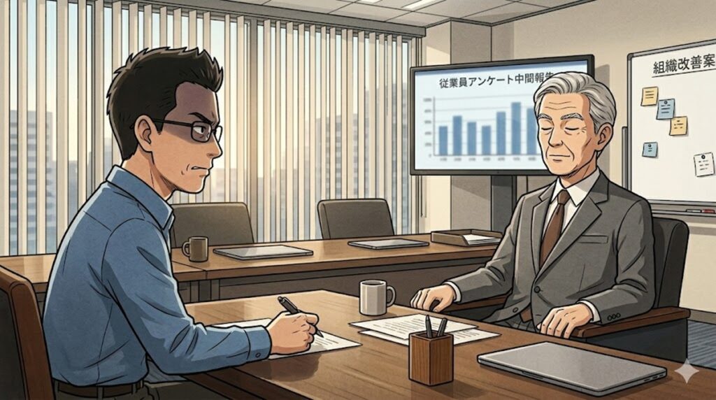 会議室のモニターにアンケート中間報告が表示される中、目を瞑る社長と静かに怒るゆういちの対話シーン