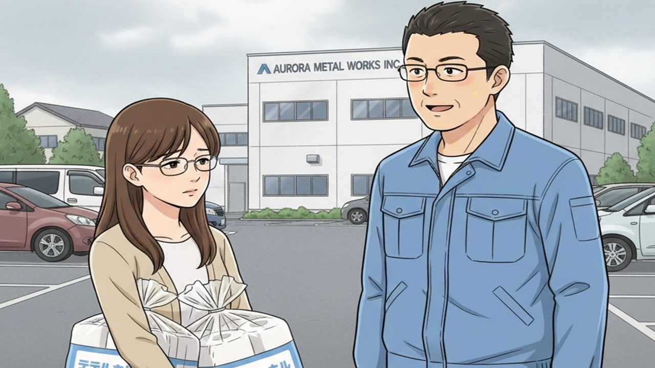 工場の駐車場でトイレットペーパーを2袋抱えて歩く女性社員と、それを見かけ驚く作業着姿の男性社員のイラスト。DXとアナログの矛盾を表現。