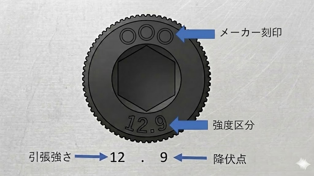 六角穴付きボルトの頭部イラスト。上部に「〇〇〇」のメーカー刻印、下部に強度区分「12.9」の刻印があり、それぞれの数字が引張強さと降伏点を指し示す解説図。