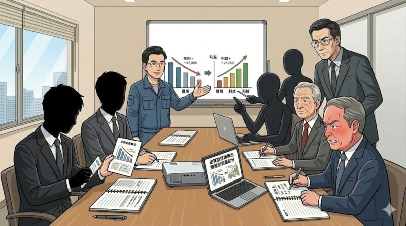 作業服姿のゆういちが会議室で逆算型目標算出のプレゼンを行い、顔を真っ赤にして怒る石田部長、微笑む山田社長、背後で監視する森田相談役と対峙するイラスト