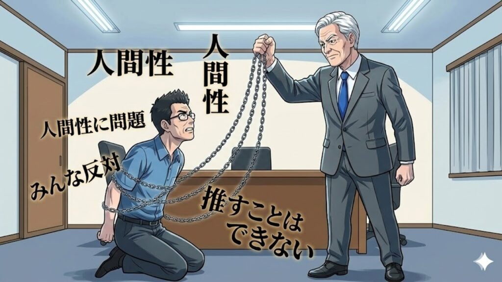 会議室で社長から「人間性」の鎖で縛られ、膝をついて抑圧されるゆういちのイラスト