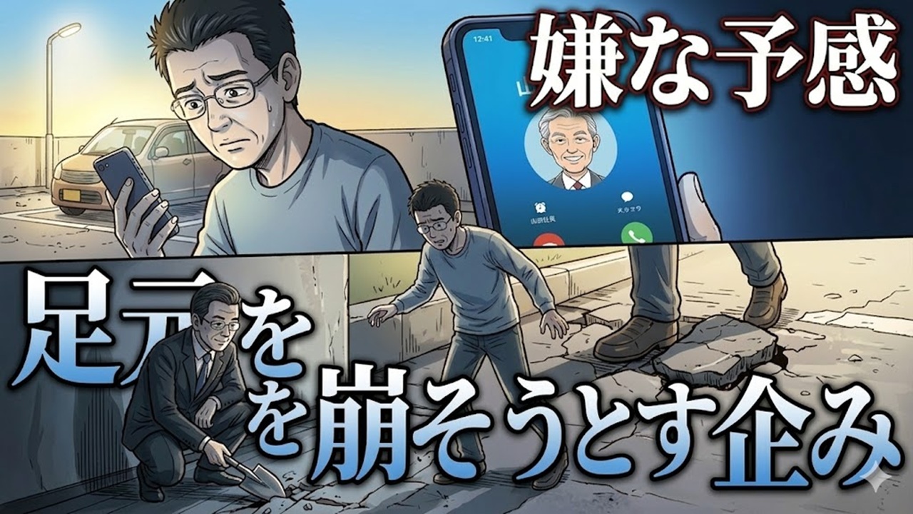 早朝の駐車場で山田社長からの電話に戸惑う40代サラリーマンと、背後でその足元の床をシャベルで壊そうとする森田相談役のイラスト。上部に「嫌な予感」、下部に「足元を崩そうとする企み」の文字。