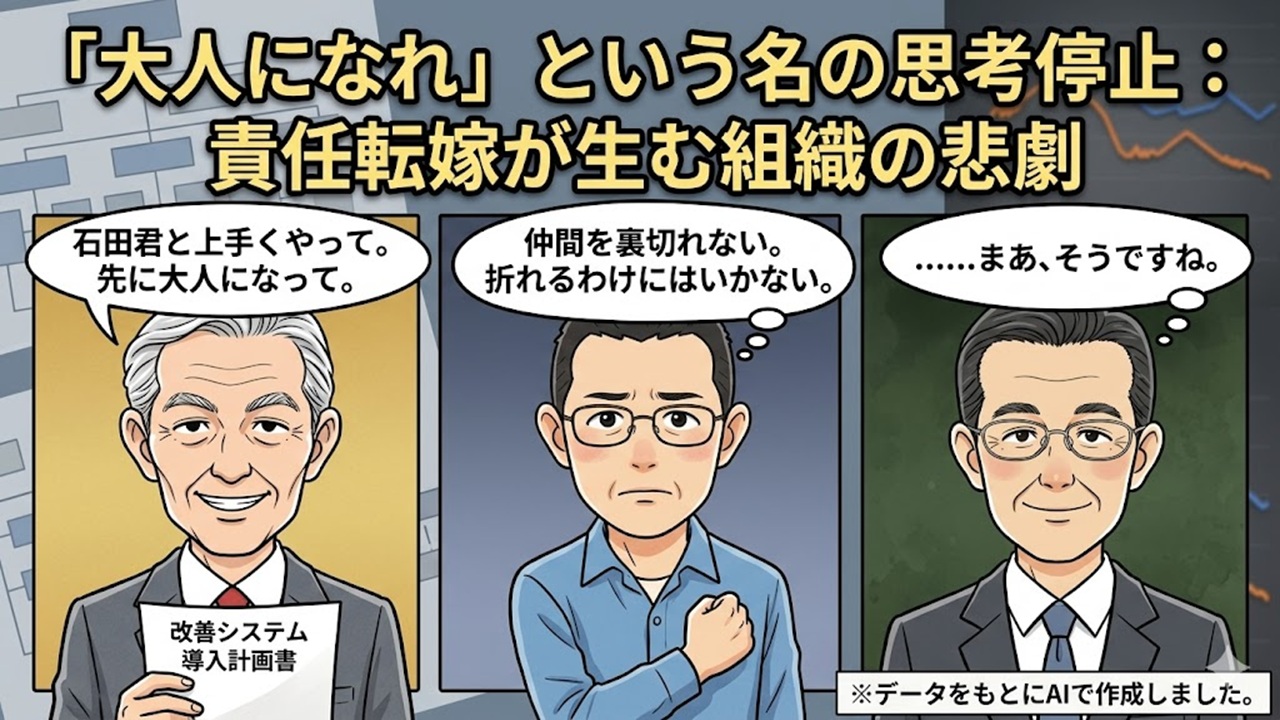 にほんブログ村のアイキャッチ画像。3人の男性が並び、上部に『「大人になれ」という名の思考停止：責任転嫁が生む組織の悲劇』というテキスト。左の社長が『石田君と上手くやって。先に大人になって。』と責任を丸投げし、中央のゆういち（私）が『仲間を裏切れない。折れるわけにはいかない。』と固い決意を示す様子。