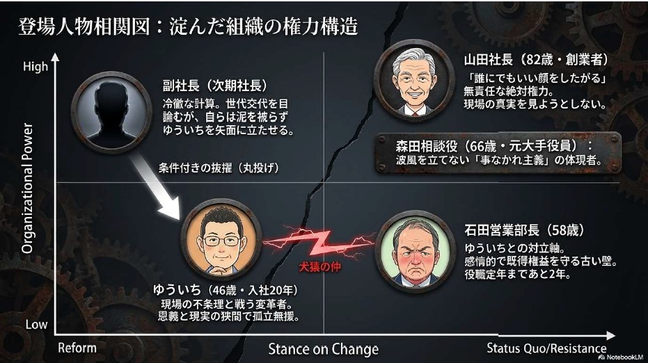 縦軸に権力、横軸に改革への姿勢を示したマトリックス図。冷徹な副社長、無責任な山田社長、事なかれ主義の森田相談役、そして孤立無援で戦う変革者ゆういちの対立構造。