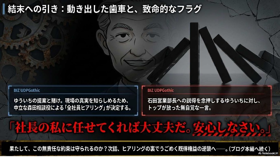山田社長の不敵な微笑みを背景に、今にも崩れそうなドミノ倒しのビジュアル。現場のヒアリング決定と、トップが放った「社長の私に任せておけ」という、無責任な約束の瞬間を描いたスライド。