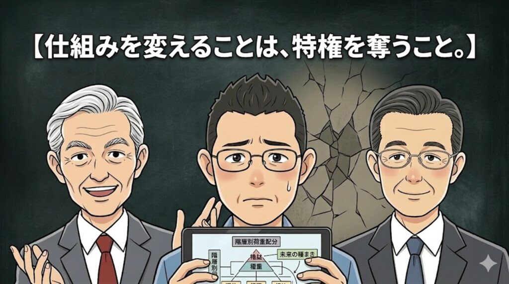 階層別荷重配分の資料を手に、困惑するゆういちと不敵に笑う山田社長・森田相談役のイラスト