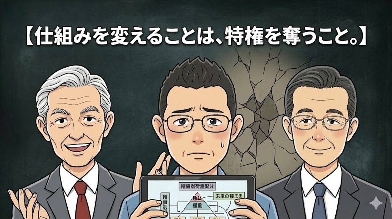 階層別荷重配分の資料を手に、困惑するゆういちと不敵に笑う山田社長・森田相談役のイラスト
