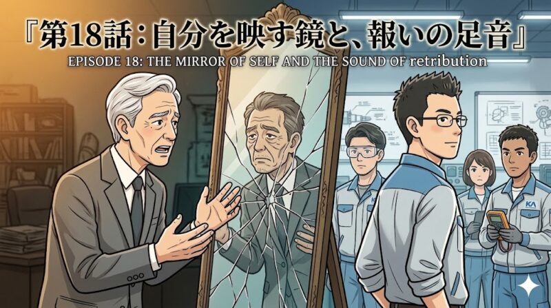 鏡に映る自分を見て絶句する山田社長と、作業着の技術者たちを背に前を向くゆういちの対比イラスト