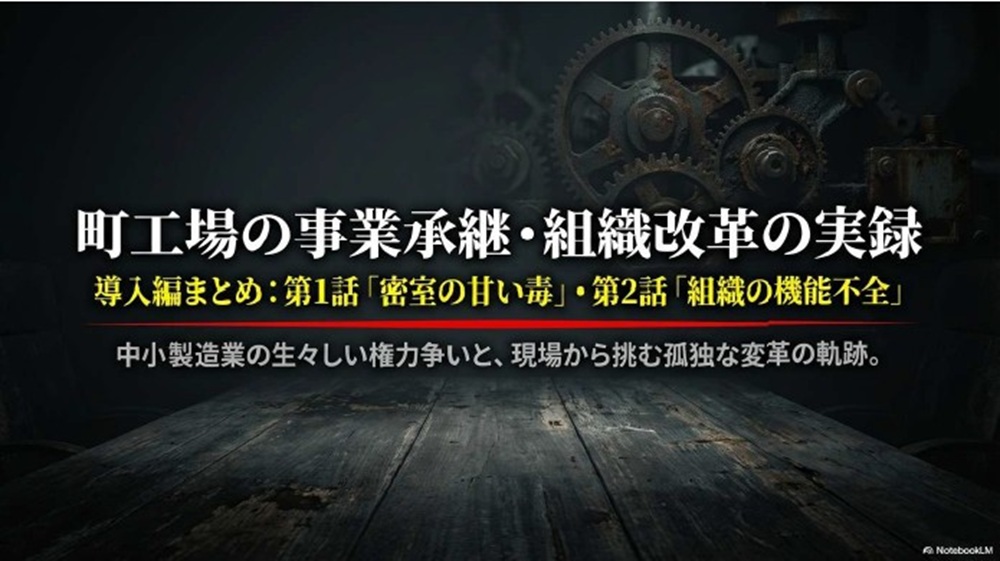 暗闇に浮かび上がる工場の歯車と木製デスク。事業承継と組織改革の厳しさを象徴する重厚なアイキャッチ画像。