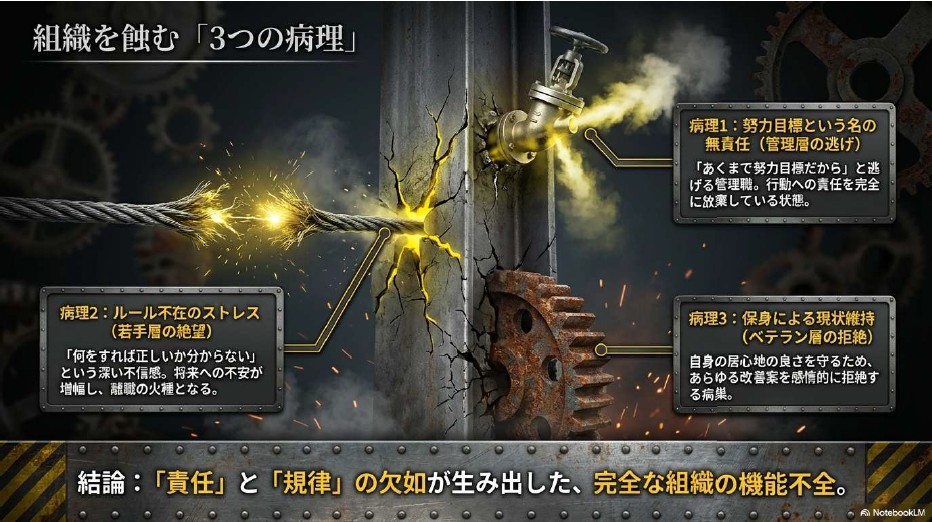 火花を散らす断線したワイヤー、ひび割れた鉄柱、錆びついた歯車を背景に、組織崩壊の3大要因(管理層の逃げ、若手の絶望、ベテランの拒絶)を解説したインフォグラフィック。