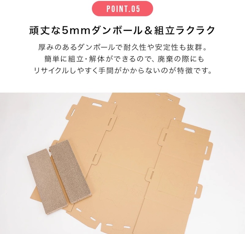 ダンボールマイスターのねこハウス。厚さ5mmの頑丈なAフルートダンボールの展開図と組み立てパーツの画像。
