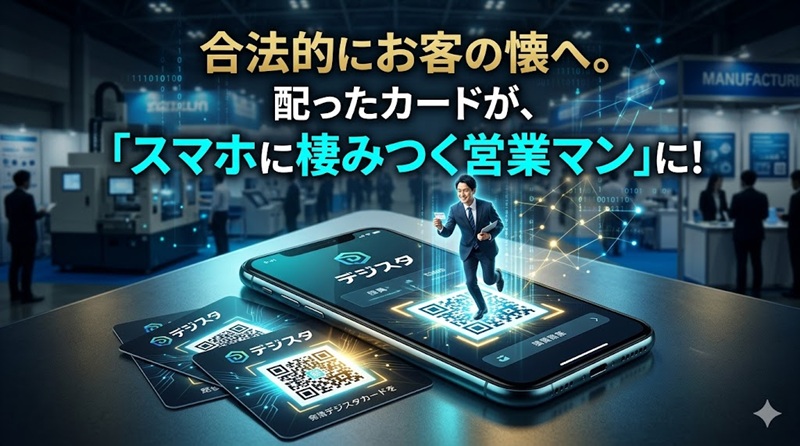 アプリ不要のWebAR「デジスタカード」から、ホログラムの営業マンがスマートフォンの画面上に飛び出し、顧客の懐へ入っていく狡猾なデジタル販促のイメージ図。背景は展示会会場。