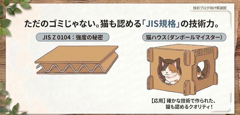 JIS Z 0104 Z 1516規格のAフルート（5mm厚AF構造）の断面図と、その技術で作られた福岡県朝倉市ふるさと納税返礼品の段ボール製猫ハウスの比較画像。垂直圧縮強度と捨てやすさを両立した、段ボールマイスター（小川紙工）の職人技を解説。