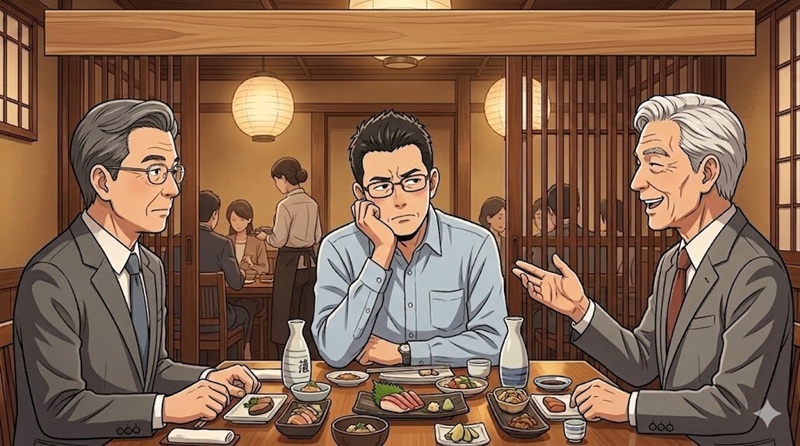居酒屋の個室で、身振り手振りで言い訳をする社長と、それを冷めた表情で聞き流すゆういち、傍観する相談役のイラスト