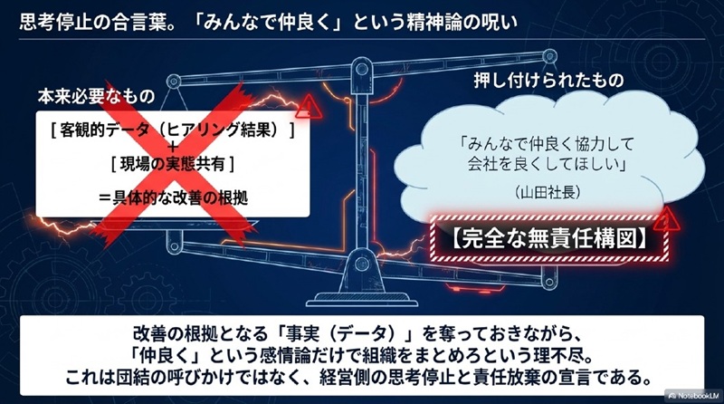 具体的な改善根拠（データ）を奪いながら「仲良く協力して」という感情論だけを天秤に載せて押し付ける、経営側の無責任構造を示す図解。
