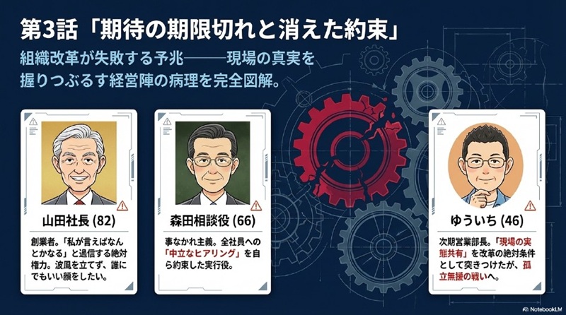 組織改革における経営陣の病理を解説する図解。山田社長、森田相談役、ゆういちの3名のキャラクターカードと、壊れた歯車の背景イラスト。