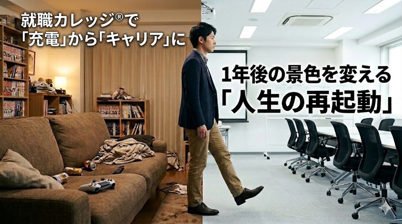 自宅のリビングから明るいオフィス研修室へと一歩踏み出す男性のイメージ。就職カレッジを通じて「充電期間」を「キャリア」に変え、人生を再起動させる様子。