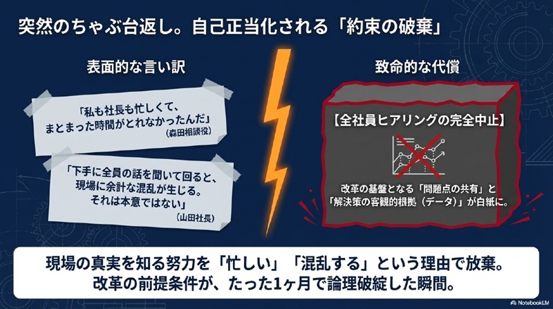 第3話の主要人物。山田社長、森田相談役、ゆういちのプロフィールと、組織改革に対するそれぞれのスタンス（過信、事なかれ主義、孤立無援）をまとめた図解。