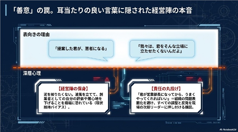 経営陣の「君を悪者にしたくない」という表向きの理由と、その裏にある「保身（現状維持バイアス）」および「責任の丸投げ」という深層心理を暴く比較図解。