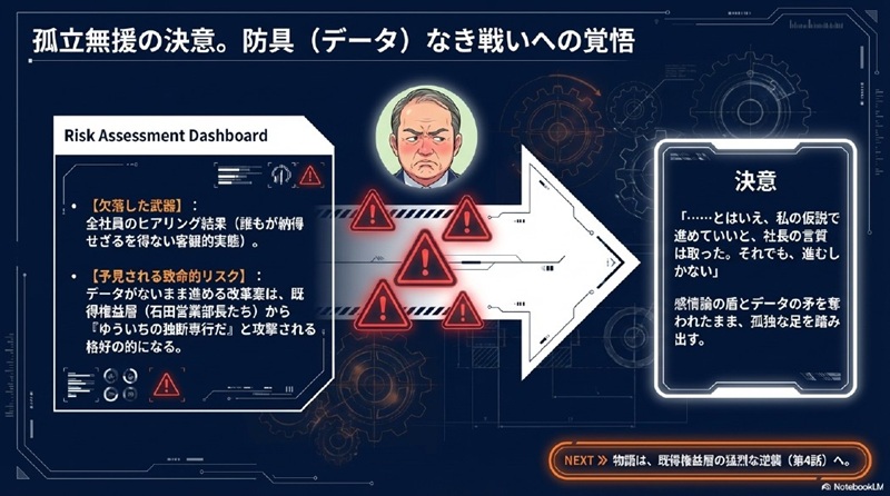 データ（防具）がないまま改革を進めることで、既得権益層（石田営業部長たち）から格好の標的にされるリスクと、それでも進む決意を示した図解。