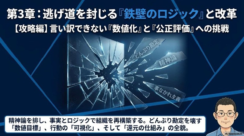 第3章のタイトル。逃げ道を封じる「鉄壁のロジック」と改革。数値化と公正評価への挑戦を象徴する図解スライド。