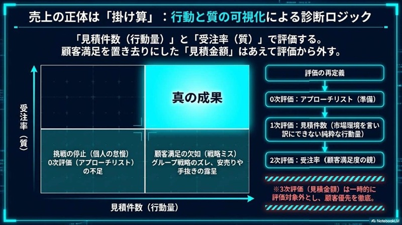 売上の正体を「見積件数×受注率」と定義した掛け算の図解。行動量（見積数）と質（受注率）の両面から営業を公正に評価するロジック。