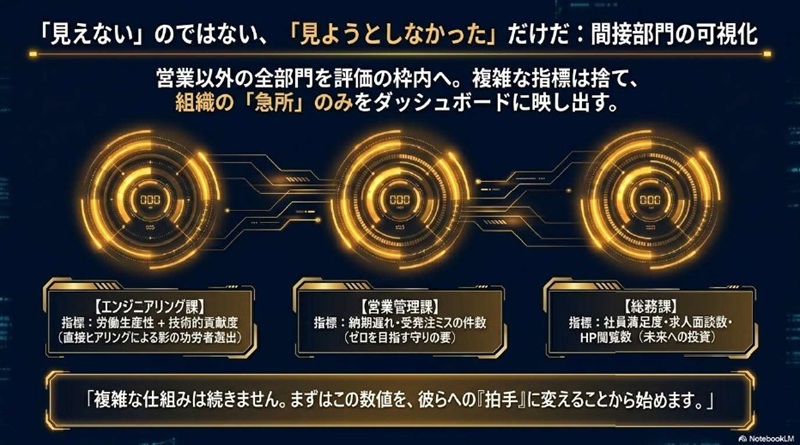 バックオフィスの評価指標一覧。エンジニアリング課（労働生産性）、営業管理課（納期管理）、総務課（社員満足度）など、組織の急所に絞った可視化案