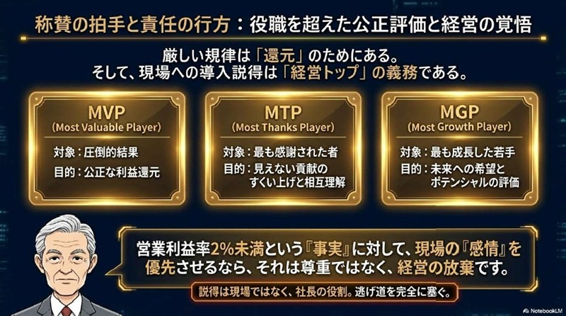 圧倒的成果のMVP、感謝のMTP、成長のMGPという三種の報奨制度。説得を社長の役割とし、経営の放棄を許さない責任体制の図解。