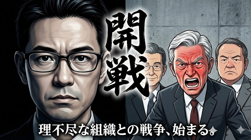 組織との決別を決意するゆういち（左）と、激昂する山田社長、冷笑する森田相談役、無表情な石田部長（右）の対比イラスト。中央に『開戦』の文字。