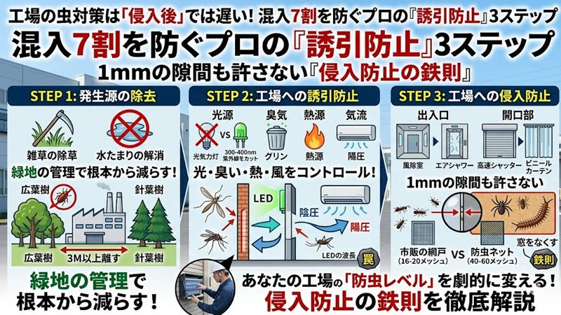 工場の虫対策を3つのステップで解説する図解。STEP1「発生源の除去（除草・緑地管理）」、STEP2「工場への誘引防止（LED・陽圧管理）」、STEP3「工場への侵入防止（風除室・隙間対策）」。1mmの隙間も許さない防虫の鉄則をまとめたアイキャッチ画像。