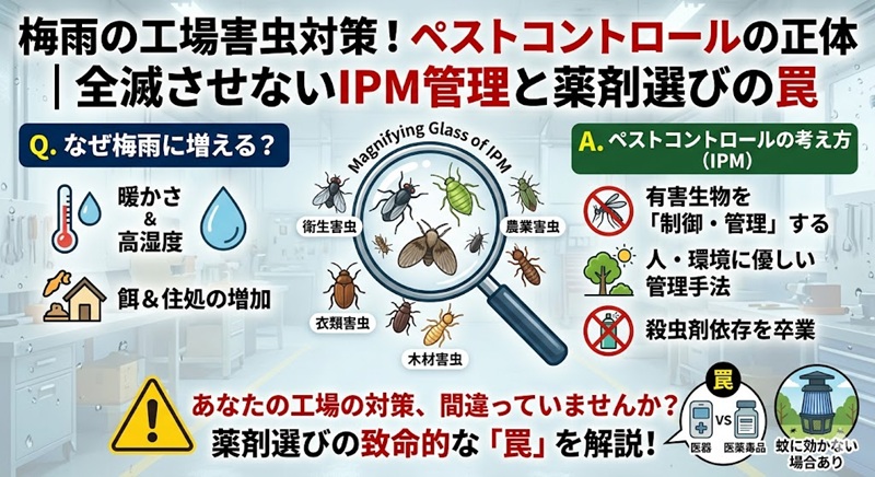 工場の害虫対策を解説するインフォグラフィック。梅雨に害虫が増える理由（高温多湿、餌の増加）と、有害生物を制御・管理するIPM（総合的有害生物管理）の考え方、薬剤選びの注意点（医薬品と医薬部外品の差、蚊に効かない吊り下げ剤）を1枚の画像にまとめた図解。