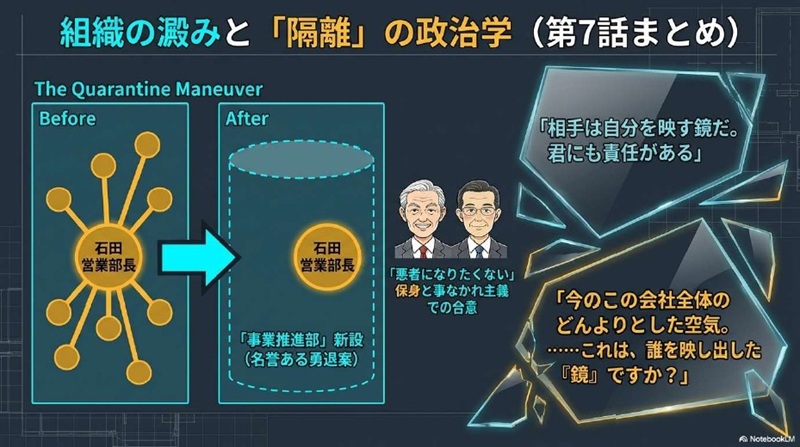 石田部長を現場から切り離す「事業推進部」の提案と、社長へ「誰を映す鏡か」と問いかけるシーンの図解。