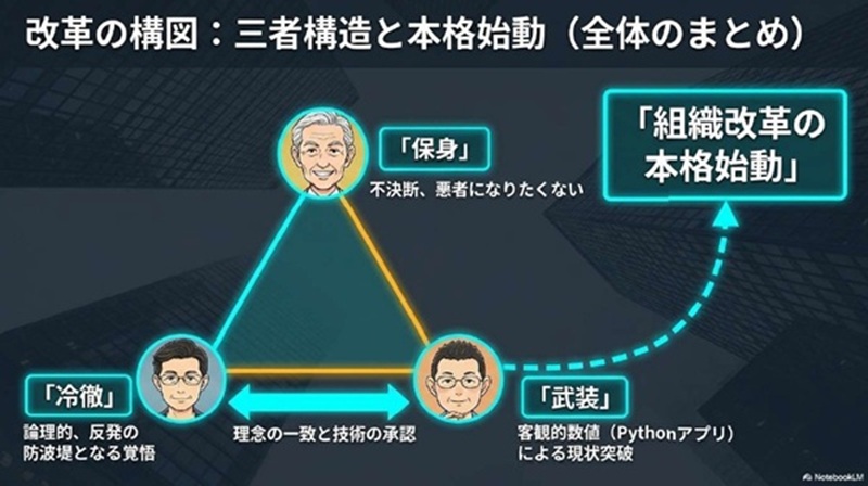 保身の社長、冷徹な副社長、データで武装するゆういちの三者の思惑が交錯する組織改革の全体図。