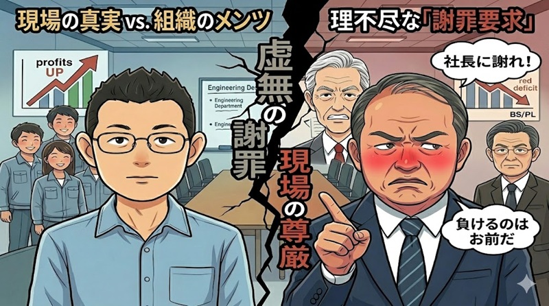 理不尽な謝罪を要求する石田部長の怒りと、感情を無くし冷静に対峙するゆういち。背景には怒る山田社長と森田相談役。組織のメンツと現場の尊厳の対立を描いたブログアイキャッチ画像。