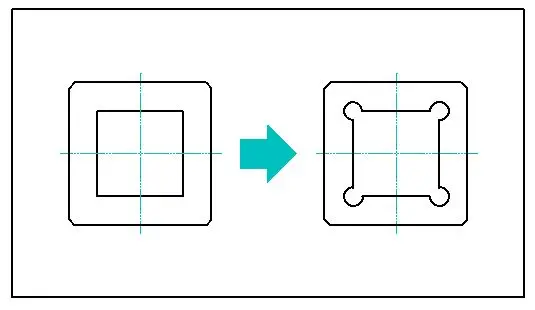 四角穴加工のコストを抑えるための形状変更案。エンドミルの回転半径を考慮し、四隅に「逃げ（隅逃げ）」を作ることで、高価な放電加工を回避し切削加工を可能にする設計図。