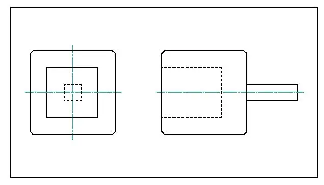 四角ボルトを回すための四角穴治具の設計図。回転工具（エンドミル）では不可能な内角の角出し加工が必要な形状を示している。