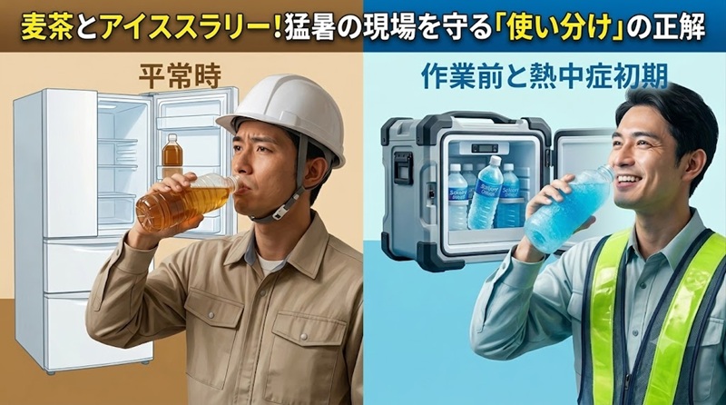 「平常時」は麦茶、「作業前と熱中症初期」はアイススラリーとドリンクを飲む、熱中症対策の「使い分け」を解説するイラスト画像。左に冷蔵庫と麦茶、右にアイススラリー庫とドリンク。