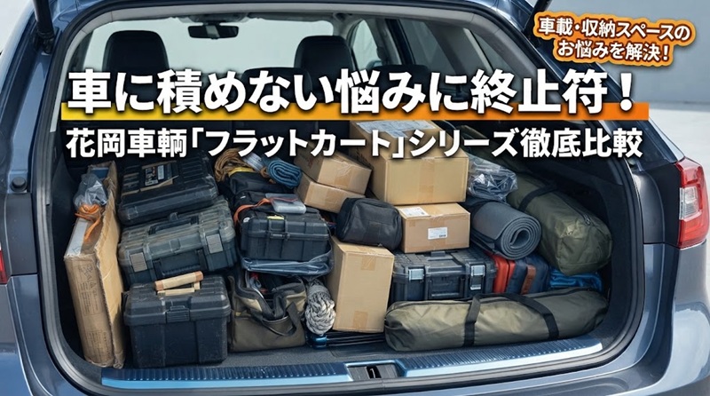 荷物で満杯になった車のトランクに、花岡車輌の薄いフラットカート（折りたたみ台車）を積もうとしている画像