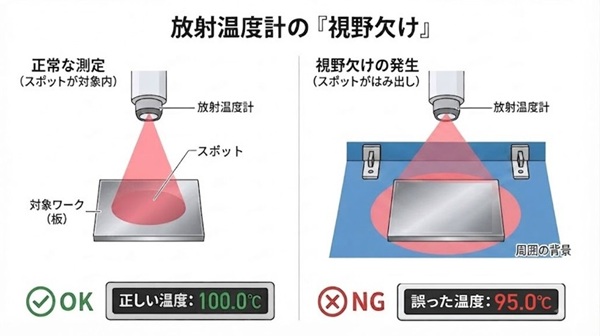 放射温度計の視野欠けの仕組みを示す概念図。左側は測定スポットがワーク内に収まった正常な測定（OK）、右側はスポットがはみ出して周囲を測定してしまう視野欠けの発生（NG）を比較しています。