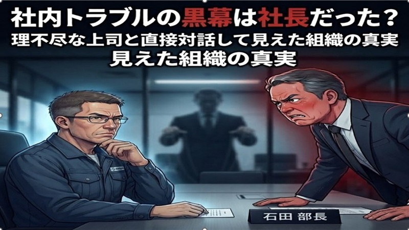 理不尽な石田部長（右）と対話する主人公ゆういち（左）。社内トラブルの黒幕が社長だと判明した緊迫の会議室シーン。