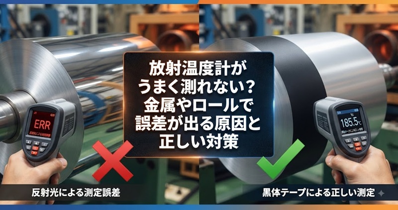 放射温度計で金属光沢ロールの表面温度を測るとき、反射光によるエラーが出る状態と黒体テープで正しく測定できる状態の比較アイキャッチ画像
