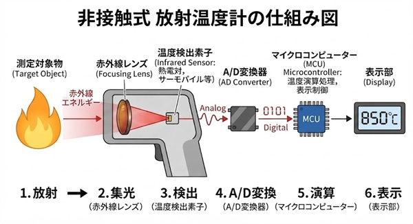 物体から放射された赤外線エネルギーを光学レンズで集光し温度検出素子で電気信号に変換する放射温度計の仕組み図。